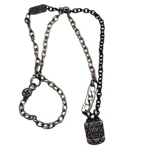 SIGNED M VINTAGE 1980s GOTHIC SHIELD CREST NECKLACE HEAVY SILVER TONE CHAIN